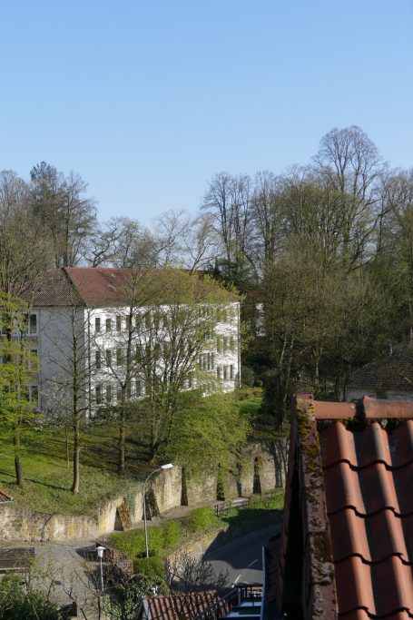 Weißes Gebäude umgeben von Bäumen und klar blauem Himmel.