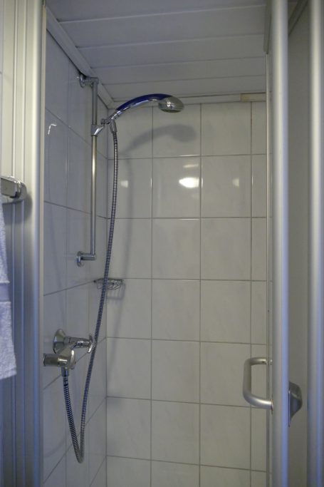 Dusche in einem kleinen, gefliesten Badezimmer mit klaren Wänden und Duschkopf.